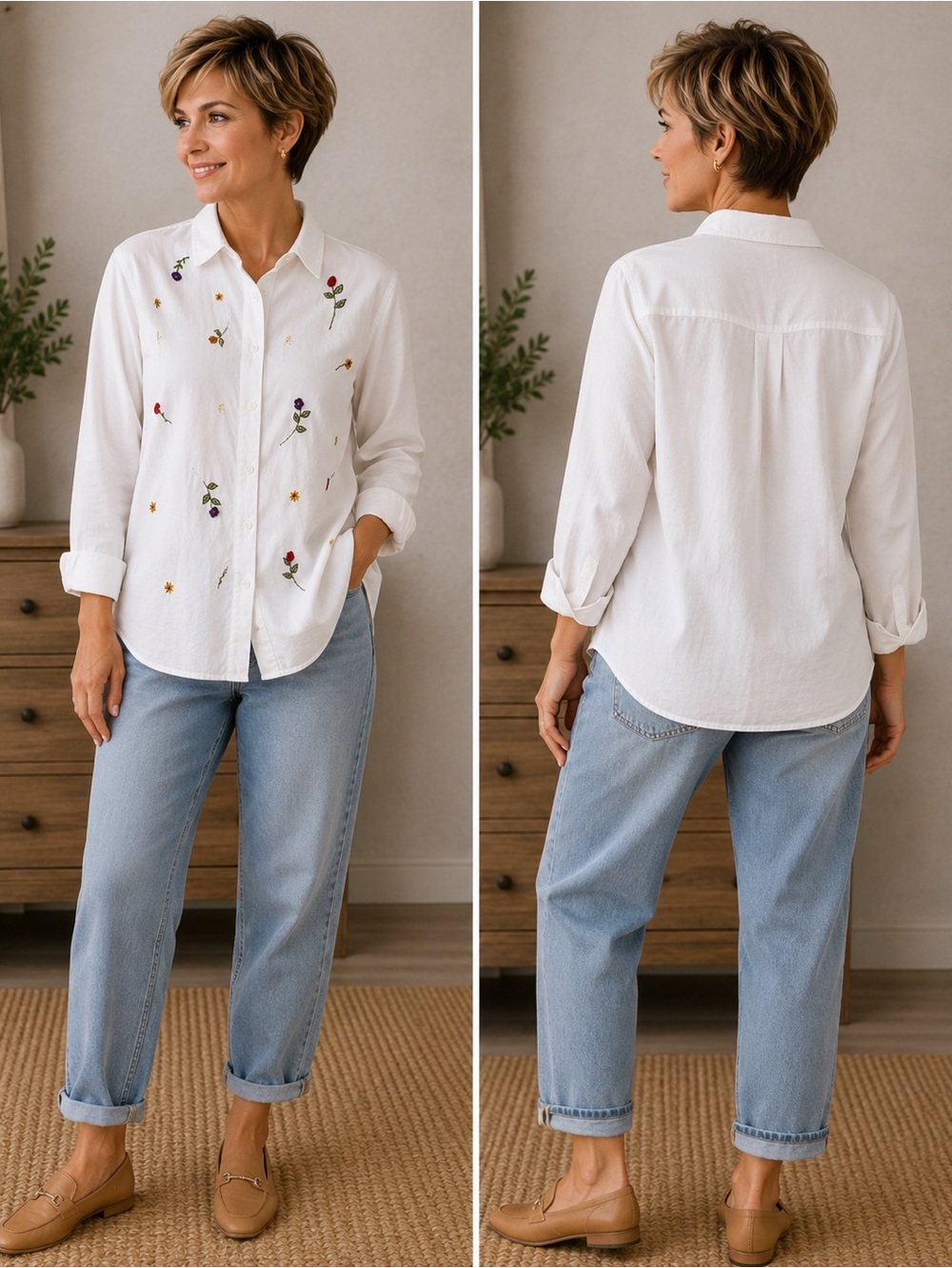 Victoria Jones Embroidered Floral Button-Front Shirt Women’s Large White Cotton